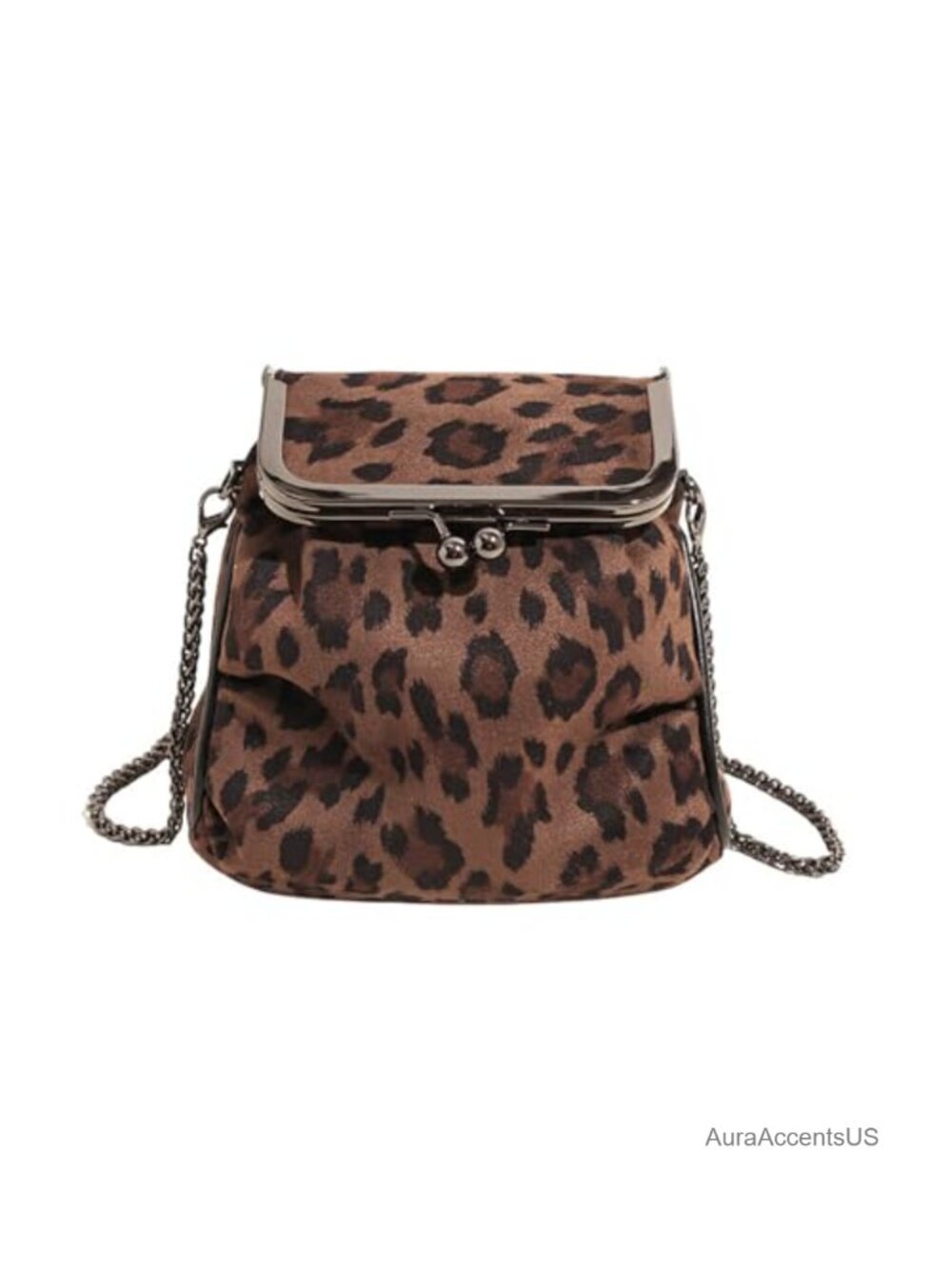 Leopard Print Faux Suede Satchel Crossbody Bag with Kiss Lock and Chain